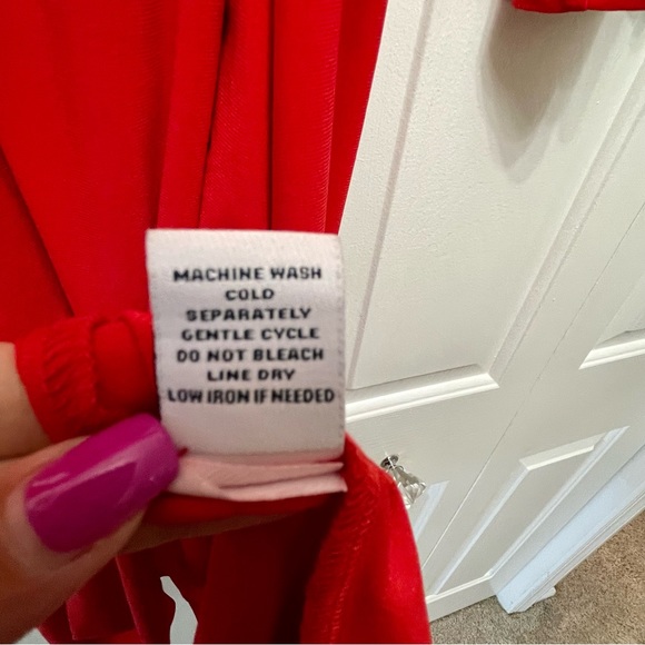 3/15 💚 Emma & Michele Red Midi Belted Faux Wrap Dress Bell Sleeves Scoop Neck - Picture 7 of 9